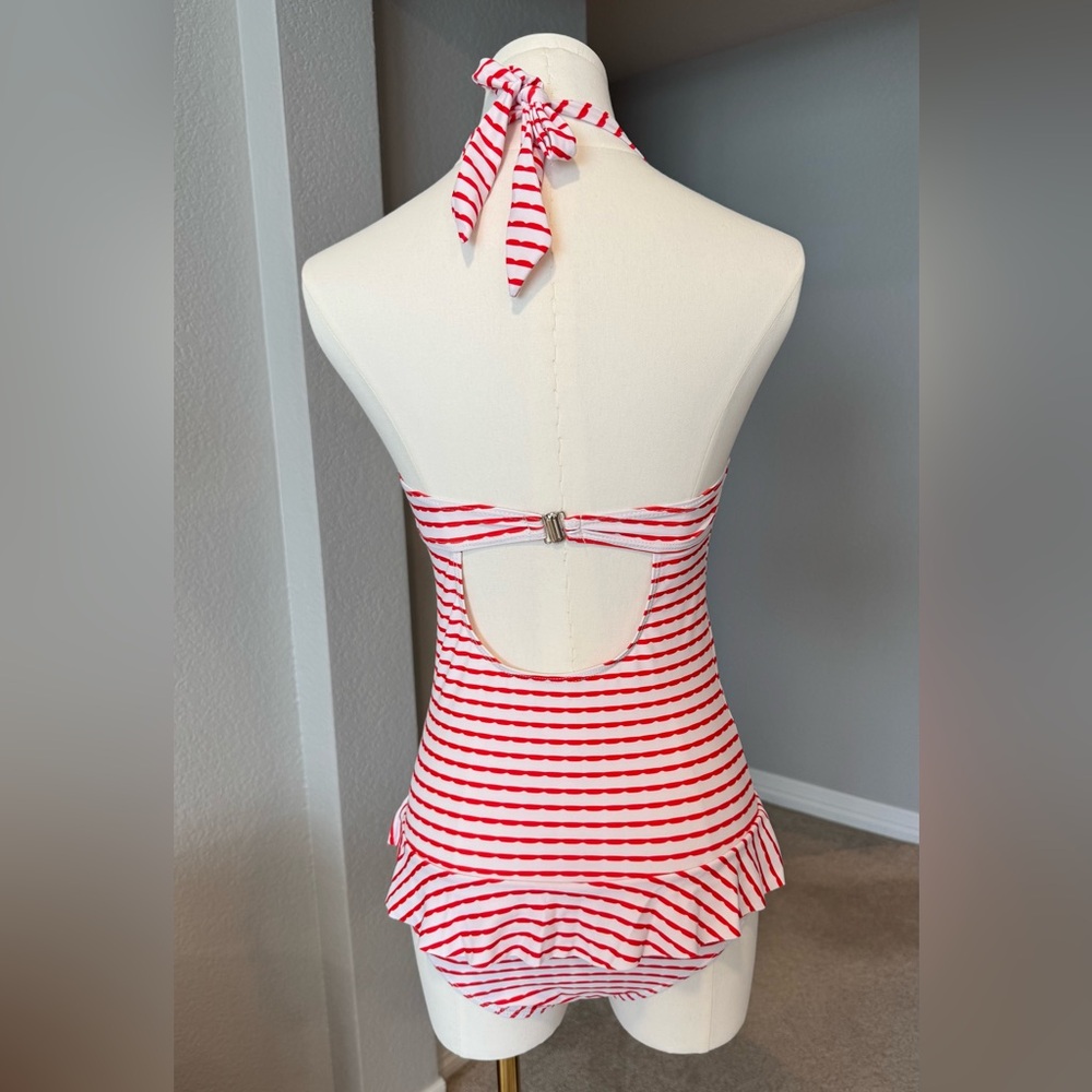 NWOT Red and White Striped One Piece Ruffle Skirt Vintage Style Swimsuit - Picture 2 of 5
